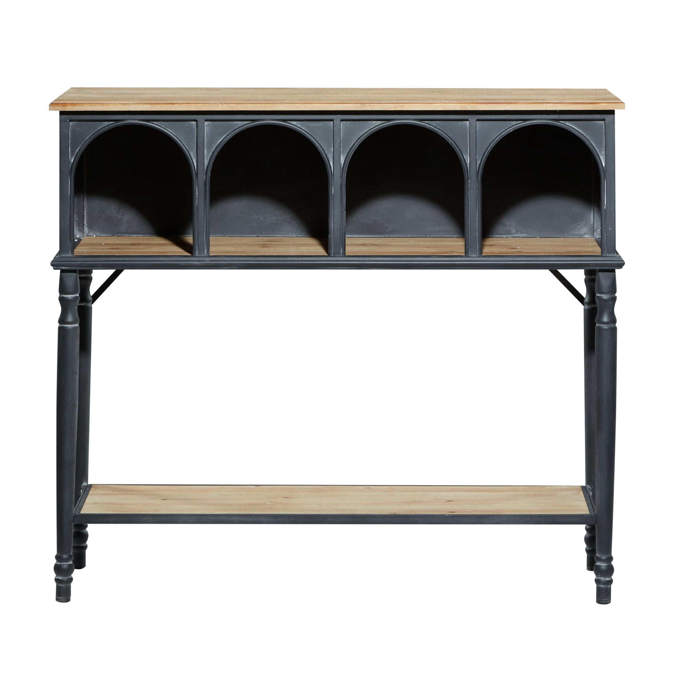 DecMode 47" x 41" Black Metal Arched 2 Shelf and 4 Cubby Console Table with Brown Wood Shelves, 1-Piece