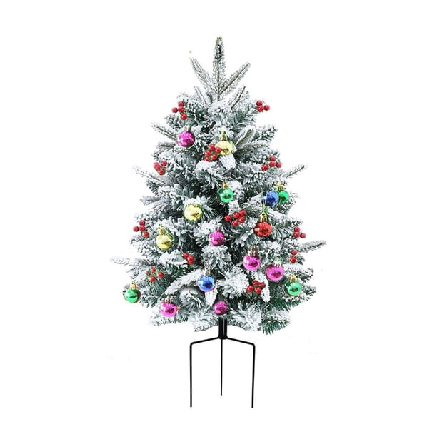TQEHS Árboles de Navidad de 21 pulgadas preiluminados, jardinera navideña preiluminada, relleno de urna navideña artificial con estaca de trípode, pinos navideños artificiales iluminados con bayas roj
