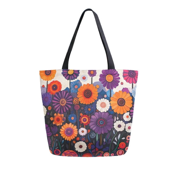 FORMRS Womens Canvas Tote Bag with Zipper Inner Pocket Shoulder Handbag, Purple Flowers