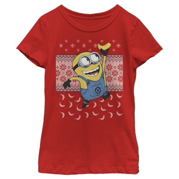 Girl's Despicable Me Ugly Christmas Minons Banana Graphic Tee Red Small