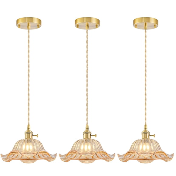 Vintage Pendant Lights Kitchen Island 3 Pack, Adjustable Pendant Light Fixtures with Amber Lily Glass Lampshade, Gold Kitchen Pen