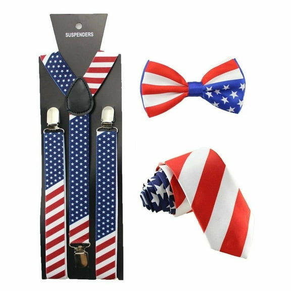 American Flag USA SUSPENDERS BOWTIE and NECK TIE SET Unisex Adjustable - New with box/tags