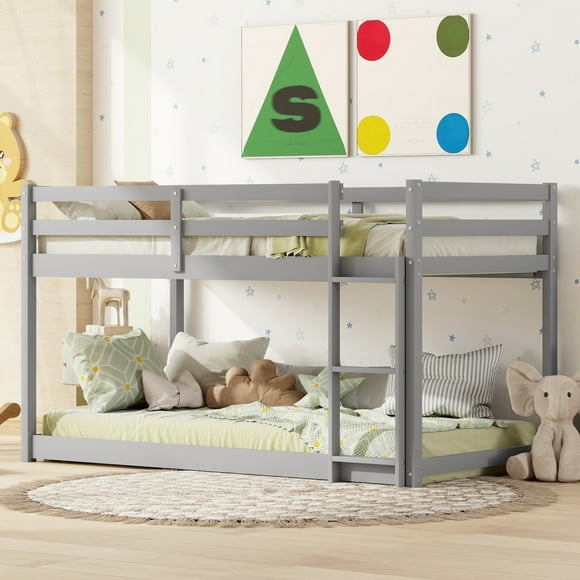 Euroco Twin over Twin Floor Bunk Beds with Ladder and Guardrail for Kids Teens, Gray