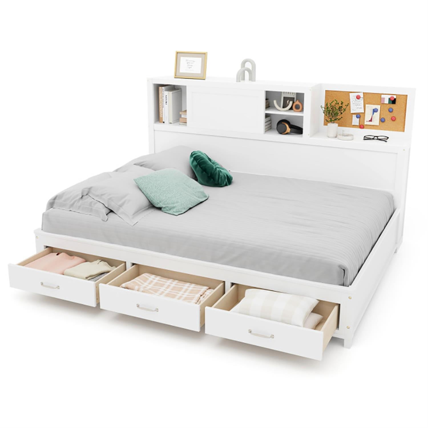 Demi Bonn Twin Size Wooden Daybed with 3 Drawers with Storage Shelves, Modern Wooden Bed Frame for Teens, White