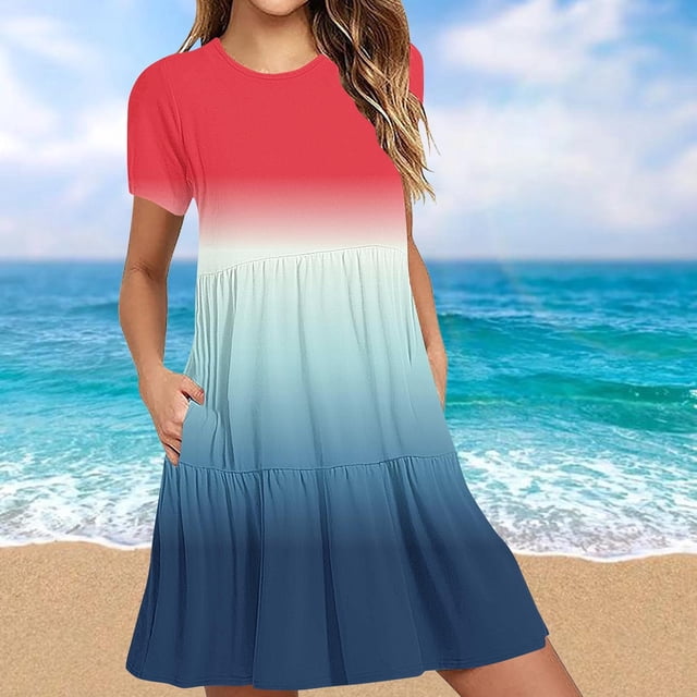 LOVZFMLL Robe T-Shirt d'Été Décontractée à Manches Courtes pour Femme, Mini-Robe à Étages avec Poches, Rouge, 2TG