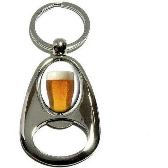 Glass of Beer, Chrome Plated Metal Spinning Oval Design Bottle Opener Keychain Key Ring