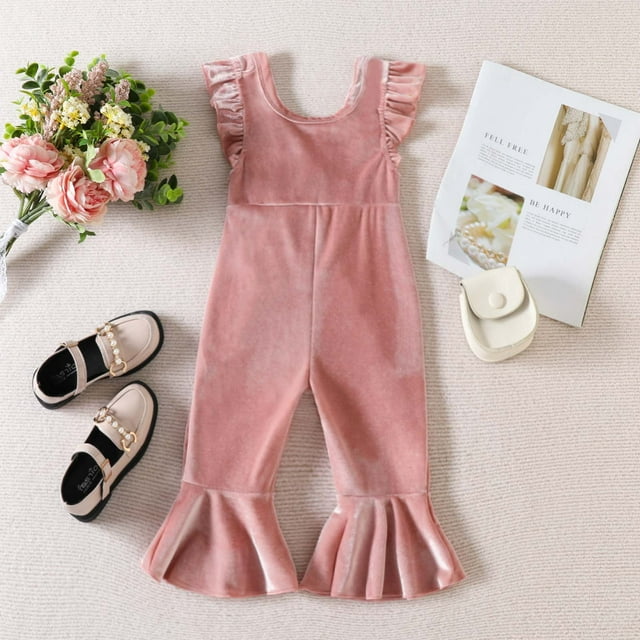 EGNMCR Full Length Pants Overalls Toddler Baby Kids Girls Solid Color Ruffles Overalls Trousers Flared Length Baby Pants