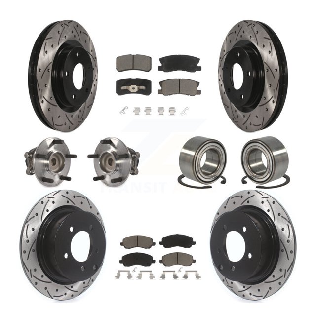 Transit Auto Front Rear Wheel Hub Bearings Assembly Coated Disc Brake Rotors and Ceramic Pads Kit (10Pc) for Car 2012 Mitsubishi RVR FWD - Left Right Side (Driver Passenger) KBB-117527