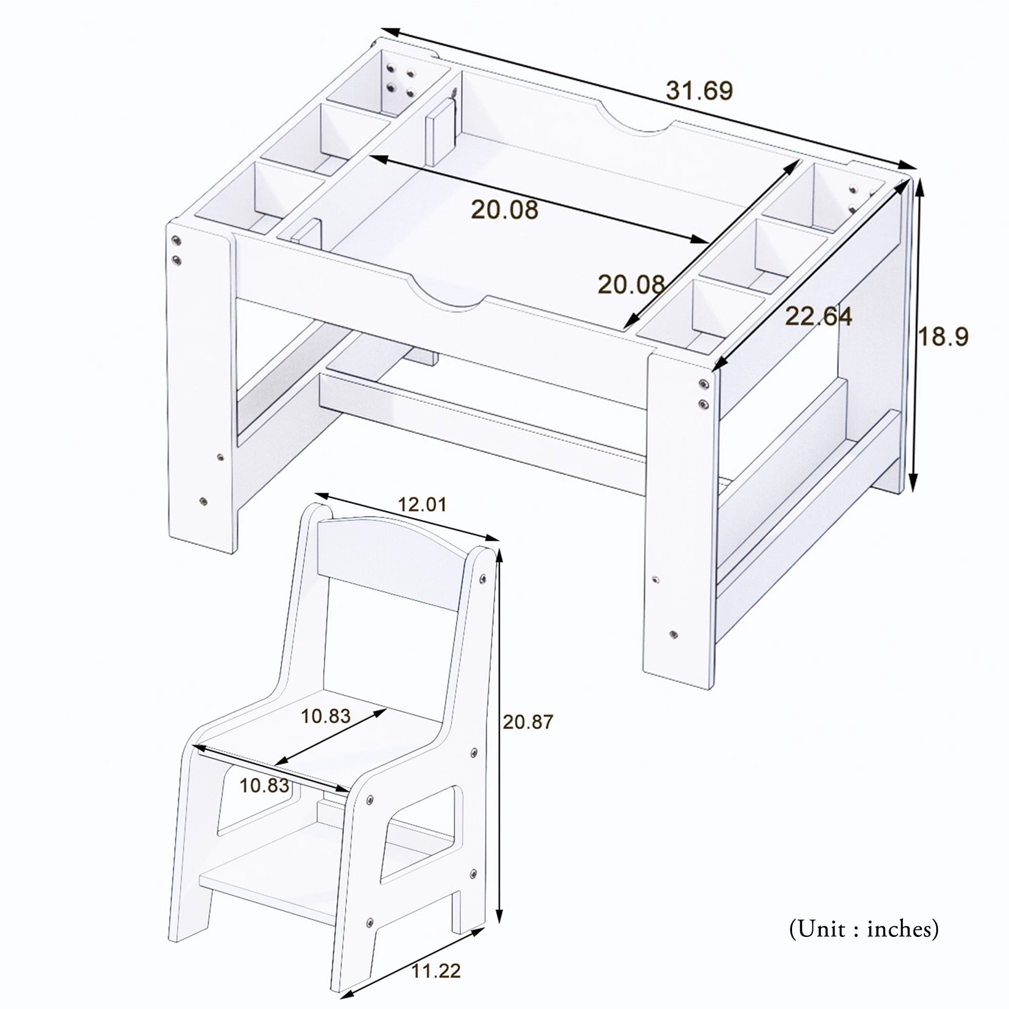 OUFAN Kids 2 in 1 Play Table and 2 Chair Set with 7 Storage Compartments & Built in Plate Compatible, Modern Activity Learning Table Furniture, White