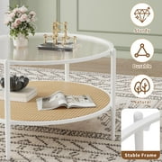 Studyset 30 Rattan Coffee Table,Round Water-Wave Glass Metal Center Table,2-Tier Round End Table with Storage,Modern Coffee Table,Farmhouse Circular Coffee Tables for Small Space,Living Room,Office