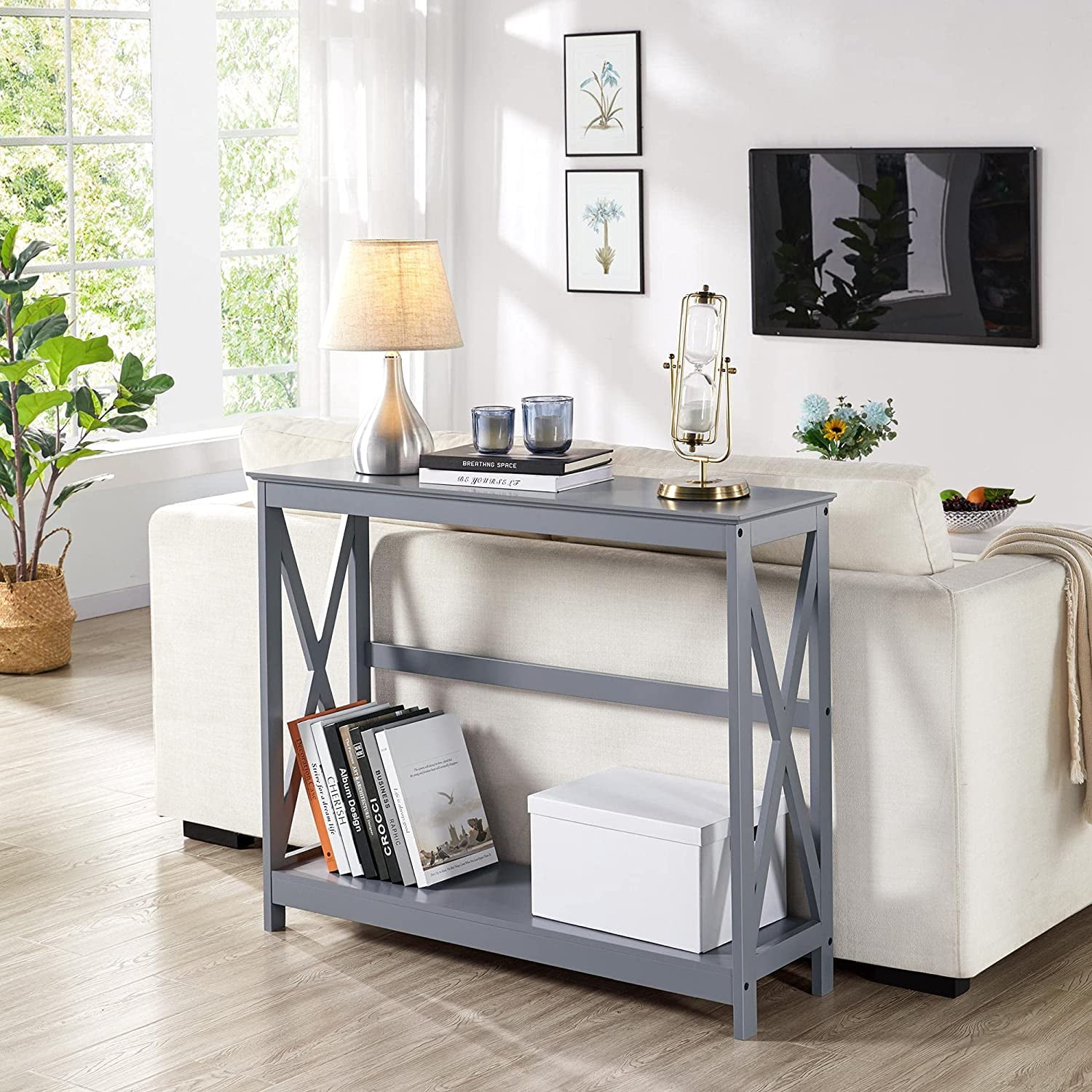 NIUMU Console Table for Entryway, 2 Tier Narrow Sofa Table Bookshelf Accent Tables w/Storage Shelf, Living Room Entry Hall Foyer Tables Furniture, Grey
