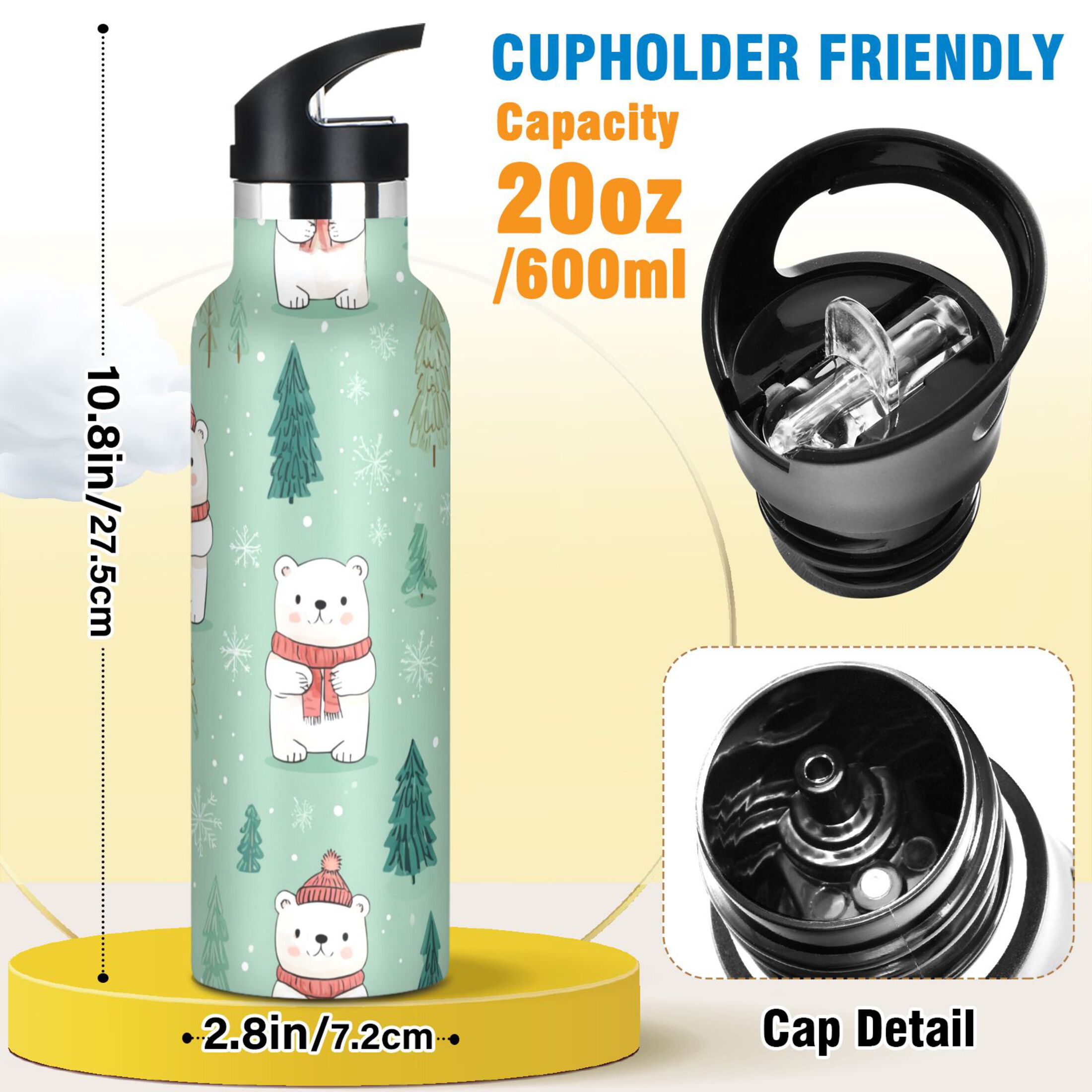 600ML Stainless Steel Insulated Cup Sports Water Bottle Portable Thermos Cup Water Glasses Insulated Tumblers Convenient and Durable Cartoon Christmas Bear