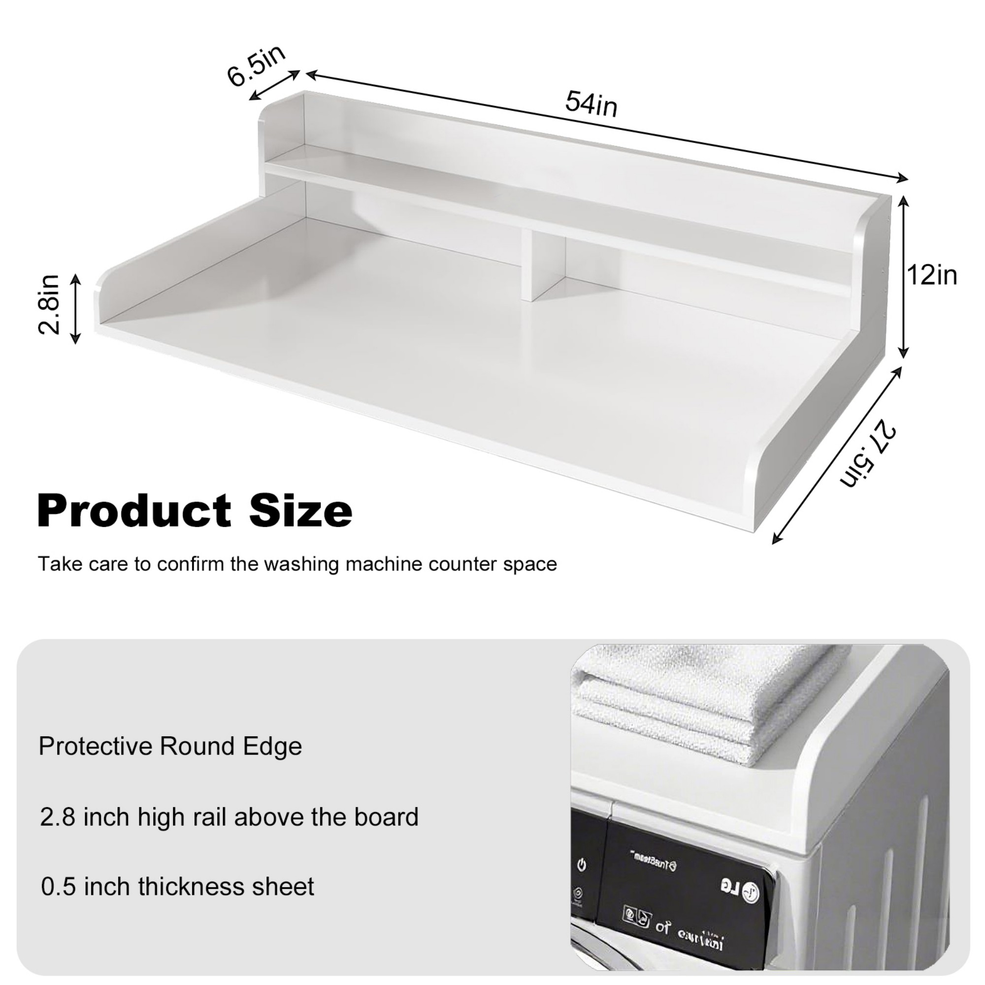 Washer Dryer Countertop,2-Tier Laundry Countertop Cover,Large Space Laundry Topper for Folding Clothes Over Washer and Dryer,54" W x 27.5" D,White