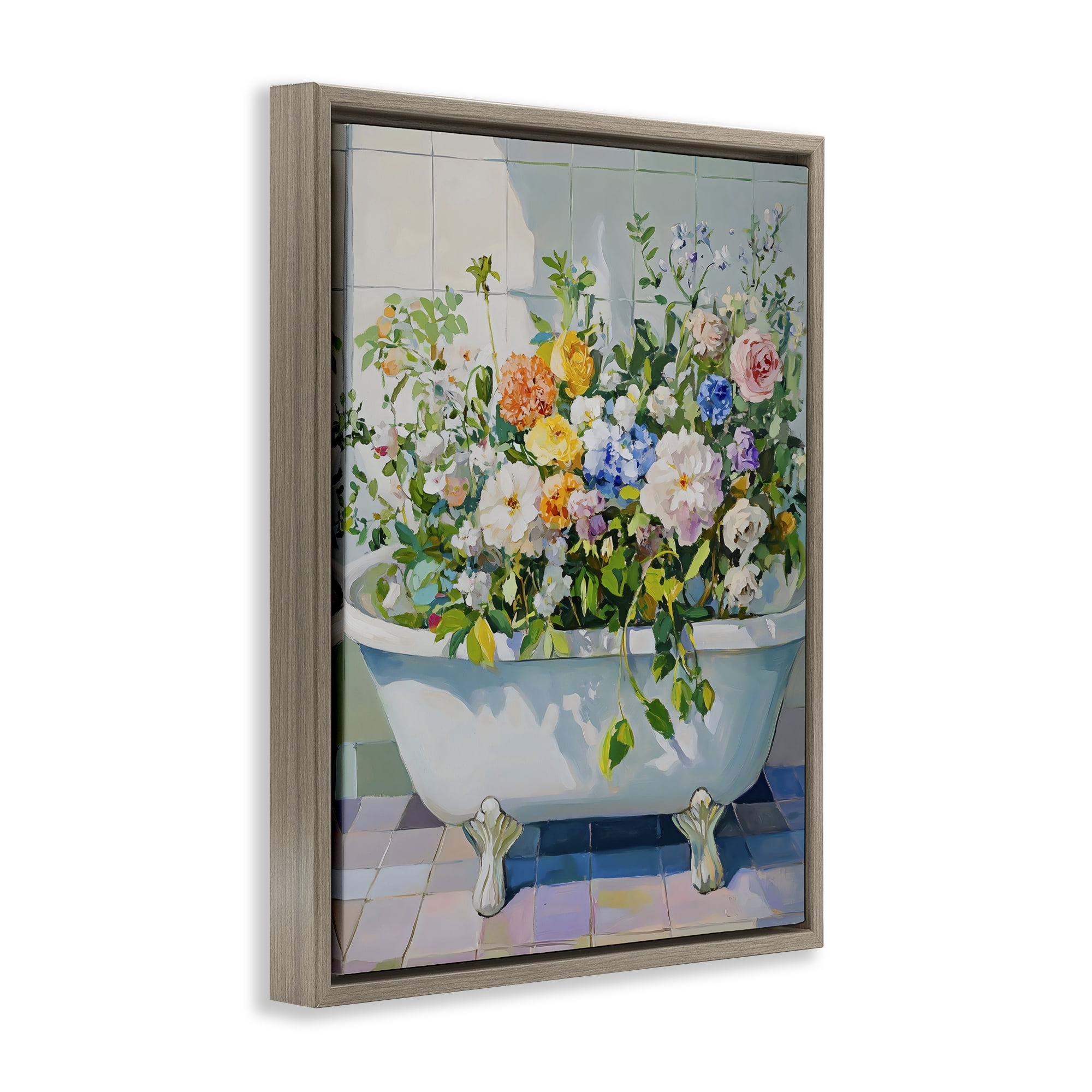Stupell Industries Vintage Bathtub Bouquet Overgrowth Brown Framed Floater Canvas Wall Art, design by The Prints Vibe