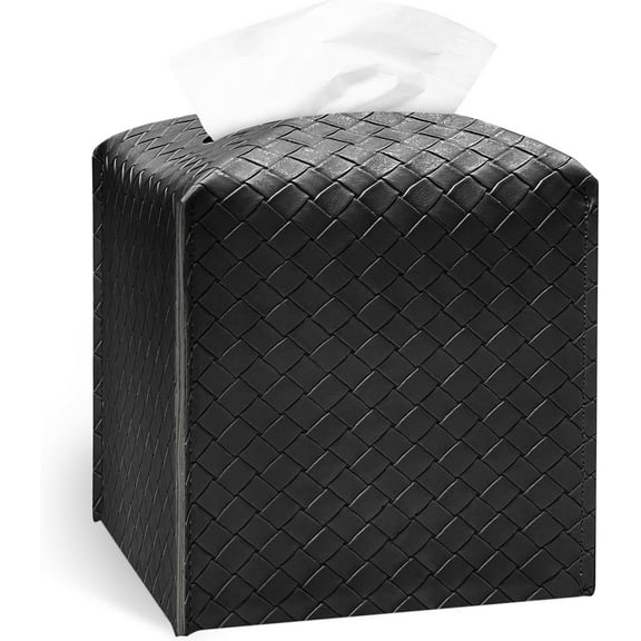 Black Tissue Box Cover PU Leather Tissue Holder Square Facial Tissue Case Facial Paper Organizer Dispenser for Bathroom, Vanity Countertop, Tabletop, Car