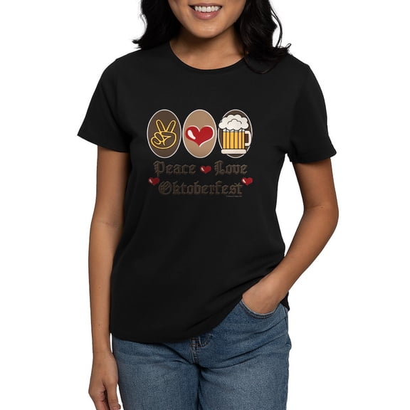 CafePress - Peace Love Oktoberfest Women's Dark T Shirt - Women's Traditional Fit Dark T-Shirt
