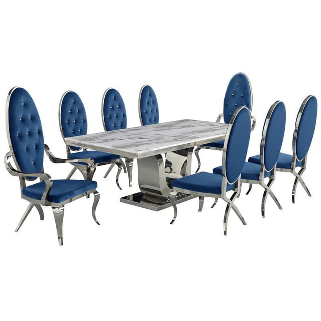 Marble Mixed Dining Set with Silver Stainless Steel and Navy Velvet Chairs