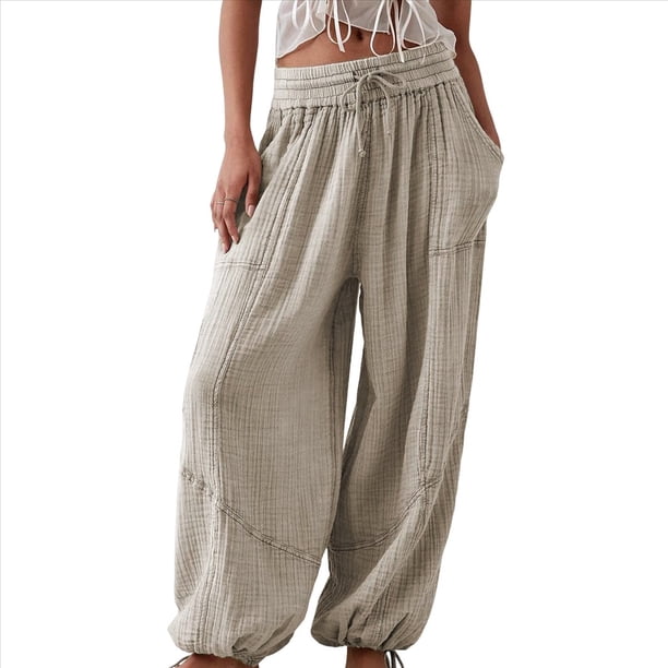 Pantalones Holgados Informales de Algodón para Mujer, de Pierna , con Costuras de Cordón y Bolsillos. Gris M