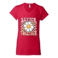 thumbnail image 2 of Wild Bobby Retro Better Together Daisy Smiley Face Checkered Background Vintage Women Standard V-Neck Tee, Red, Medium, 2 of 6