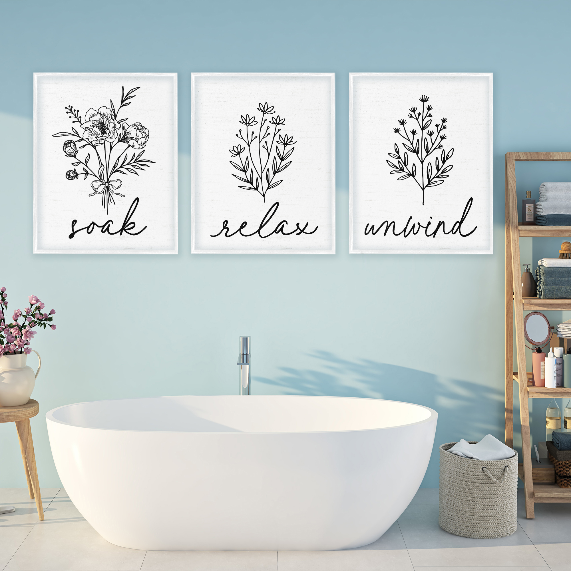 Bathroom Herbs for Relaxation 3 Piece White Framed Giclee Art Set, design by Lettered and Lined
