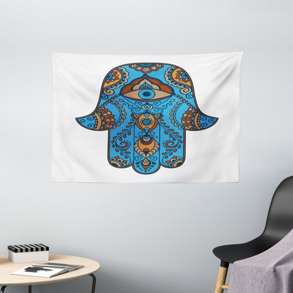 Hamsa Tapestry, Sign of Protection with Curly Paisley Pattern Vintage Amulet All Seeing Eye, Wall Hanging for Bedroom Living Room Dorm Decor, 60W X 40L Inches, Blue Brown Vermilion, by Ambesonne