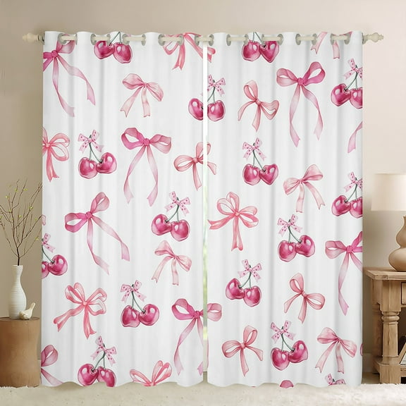Manfei Girls Bowknot Black Out Curtains, Cartoon Cherry Bow Curtains Pack of 2 (42x63 Each), Princess Style Bedroom Curtains, White Pink Luxury Room Decor