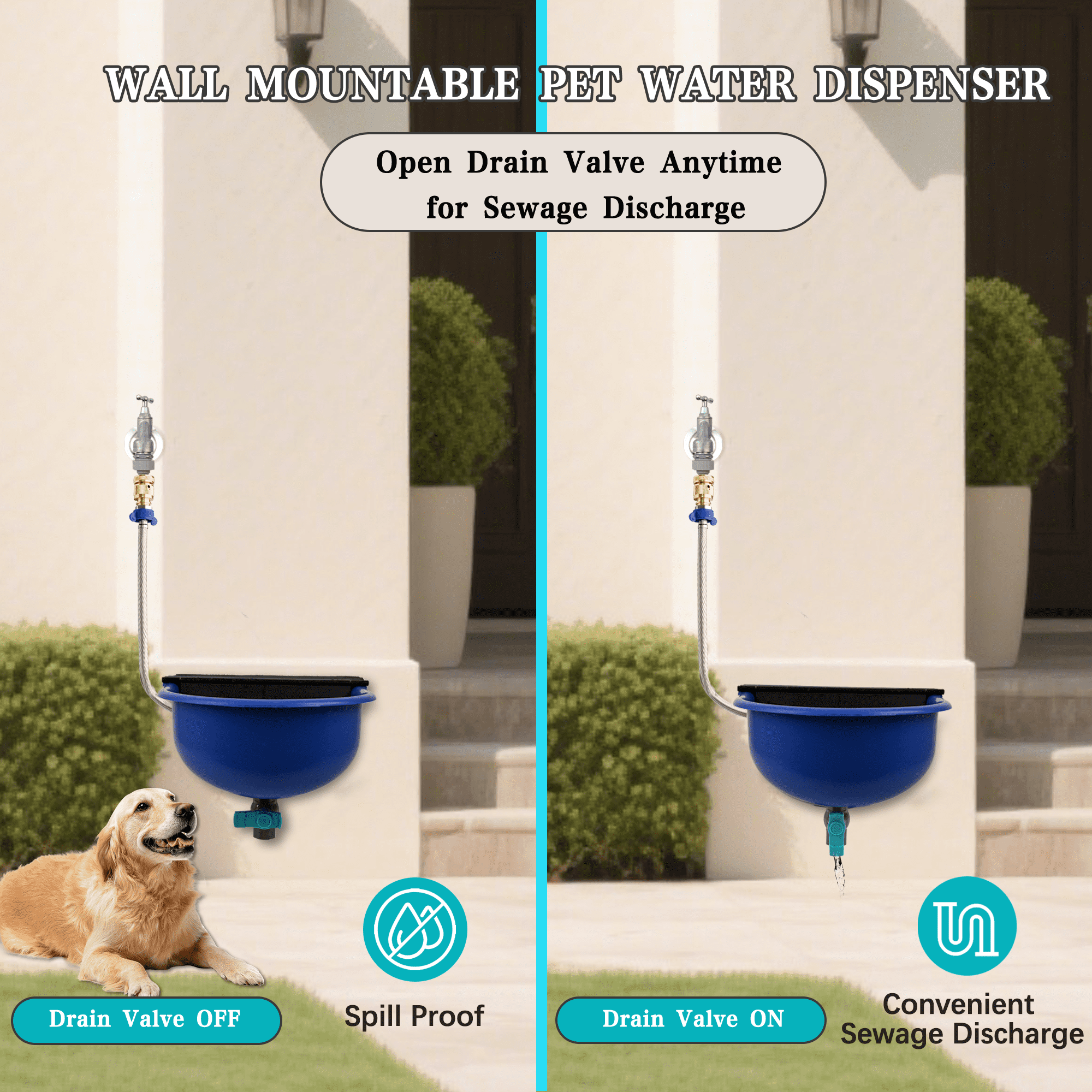 Automatic Water Dispenser for Dogs, Automatic Chicken Waterer with Drain Valve, 1 Gallon Outdoor Auto Livestock Water Bowl with Float Valve, Hose Quick Connector for Horse, Duck, Dig (Blue)