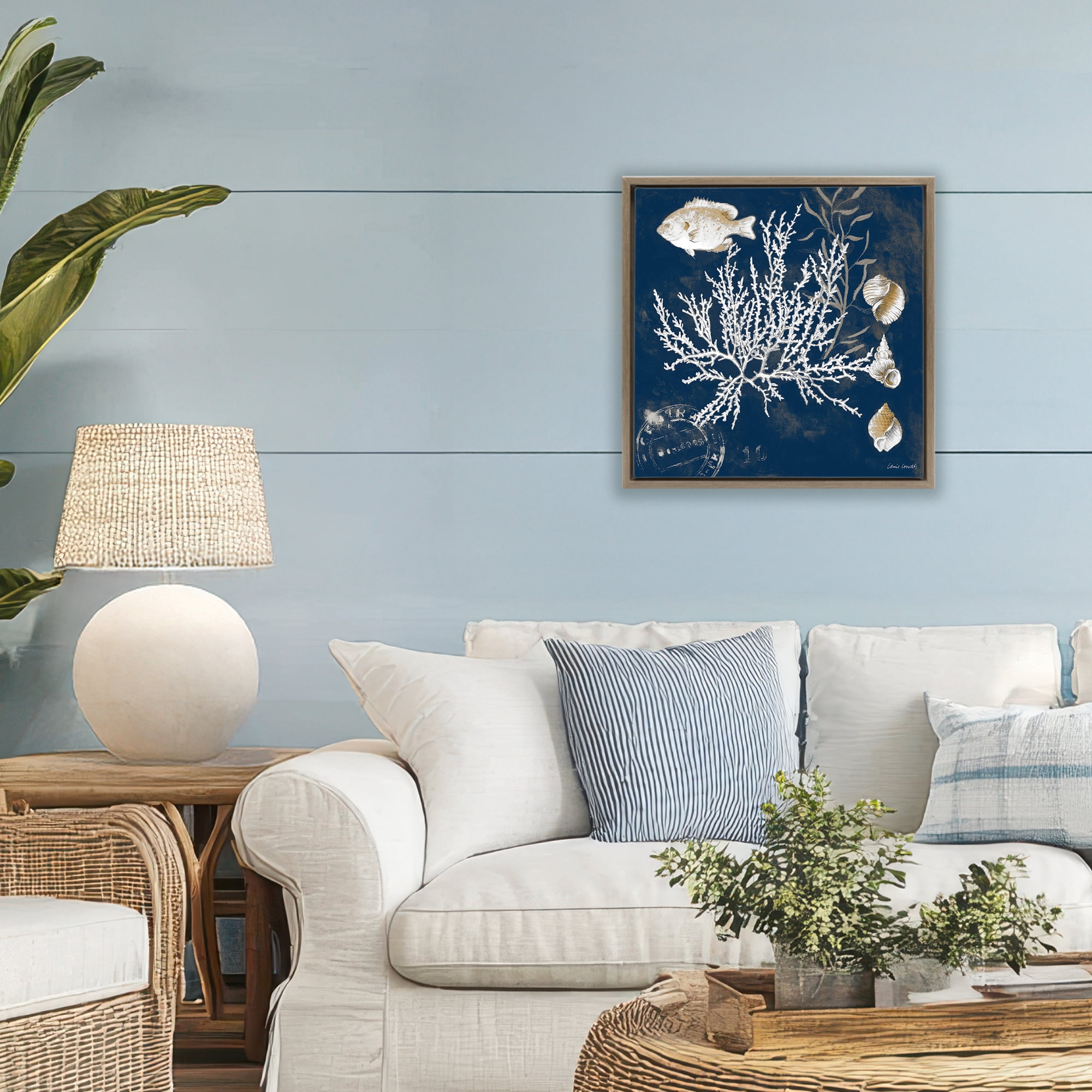 Stupell Industries Coral Medley on Blue Brown Framed Floater Canvas Wall Art, design by Lanie Loreth