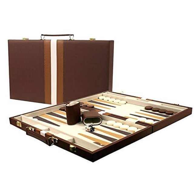 Set de backgammon DA VINCI, tamaño grande, 18 pulgadas, piel sintética, marrón