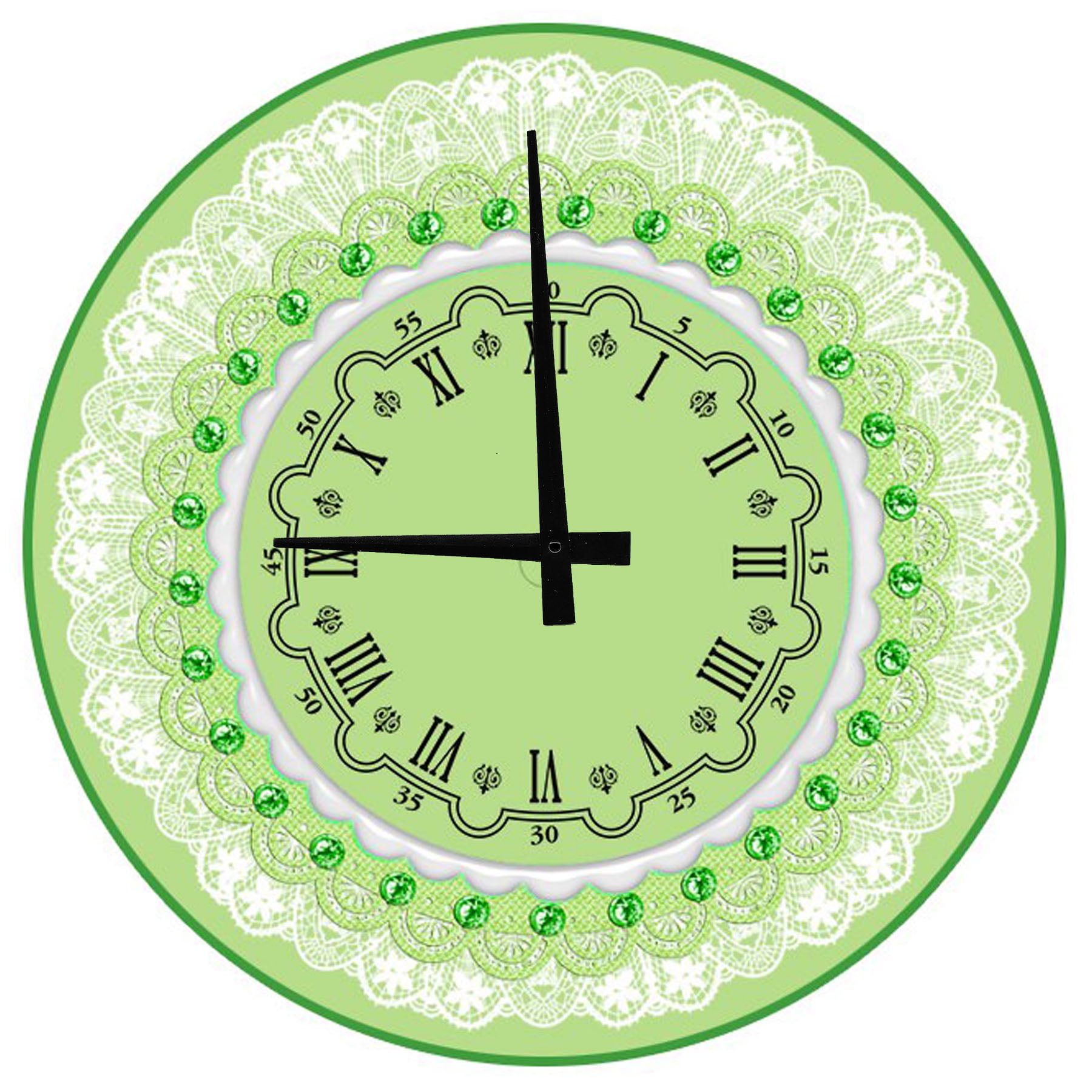 Wood Wall Clock 12 Inch Green and White Lace Round Small Battery