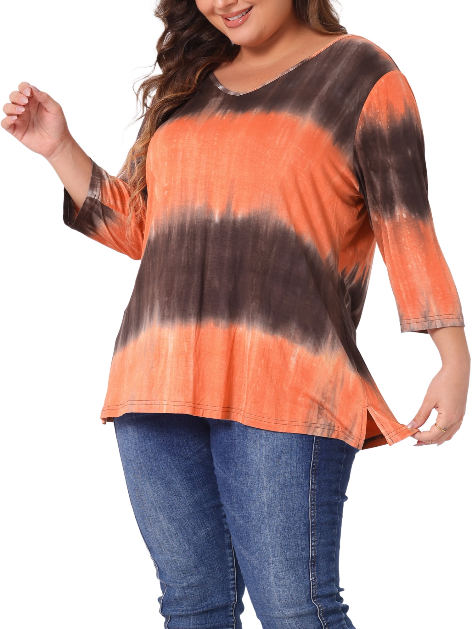 Unique Bargains Women's Plus Size V Neck 3/4 Sleeve Striped Tie Dye Blouse 4X Orange