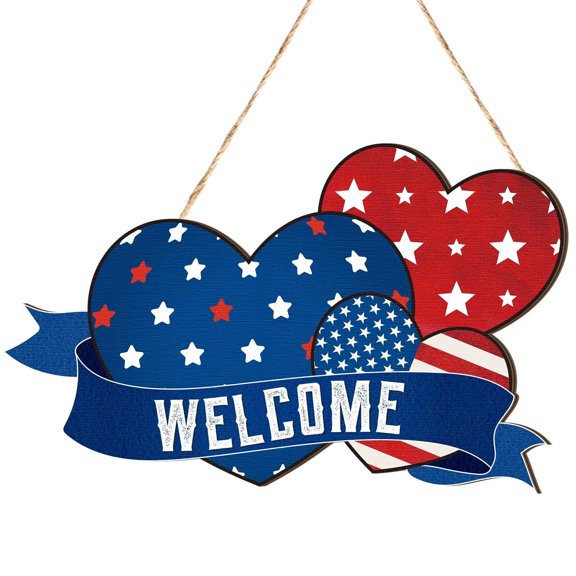 Qocolhg Independence Day Door Sign Patriotic Wood Front Door Decor 4th of July Wooden Hanging Sign Memorial Day Hanging Wall Decor for Front Porch Home Wall Wreath Porch Decorations, Clearance