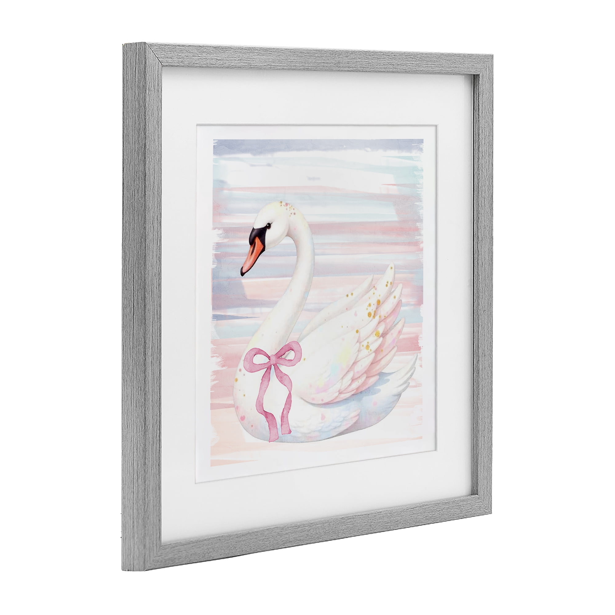 Pastel Swan with Ribbon Gray Framed Print Under Glass, design by Kim Allen