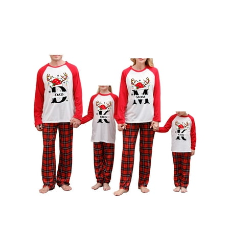 

FSDJHSDH Family Matching Christmas Pajamas Sets Letter Hat Print Tops Plaid Trousers Sleepwear PJs Red Baby 18-24 Months