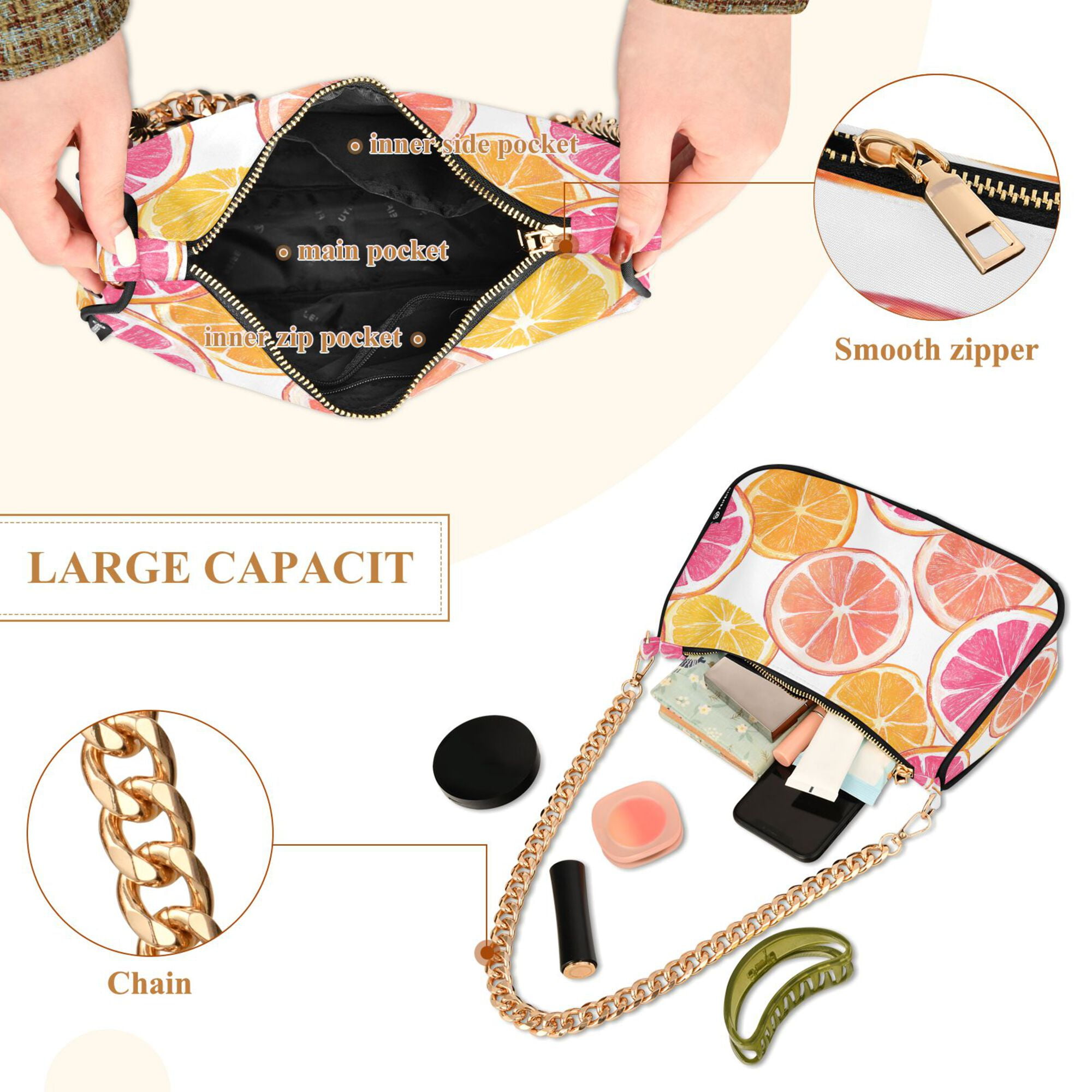 FORMRS Womens Shoulder Bag with Chain Strap Clutch Purse Cute Tote Handbag, Orange Grapefruit Slices