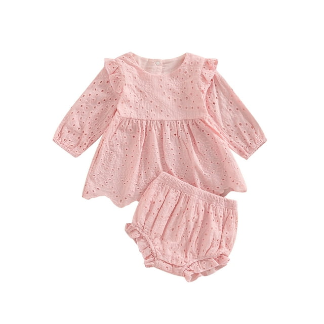 Fortune Baby Girls Solid Hollow Out Long Sleeve Ruffles Tops+Bloomers Shorts 0-24M