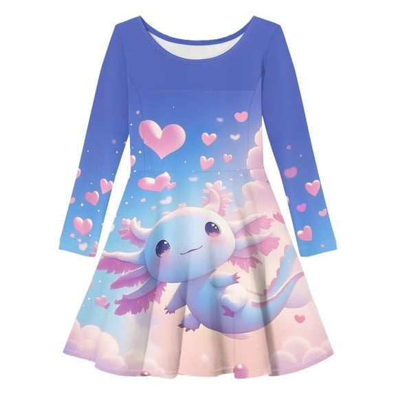 WOYY Girls Cute Cartoon Graphic Long Sleeve Dress Crewneck A Line Midi Dress, Blue