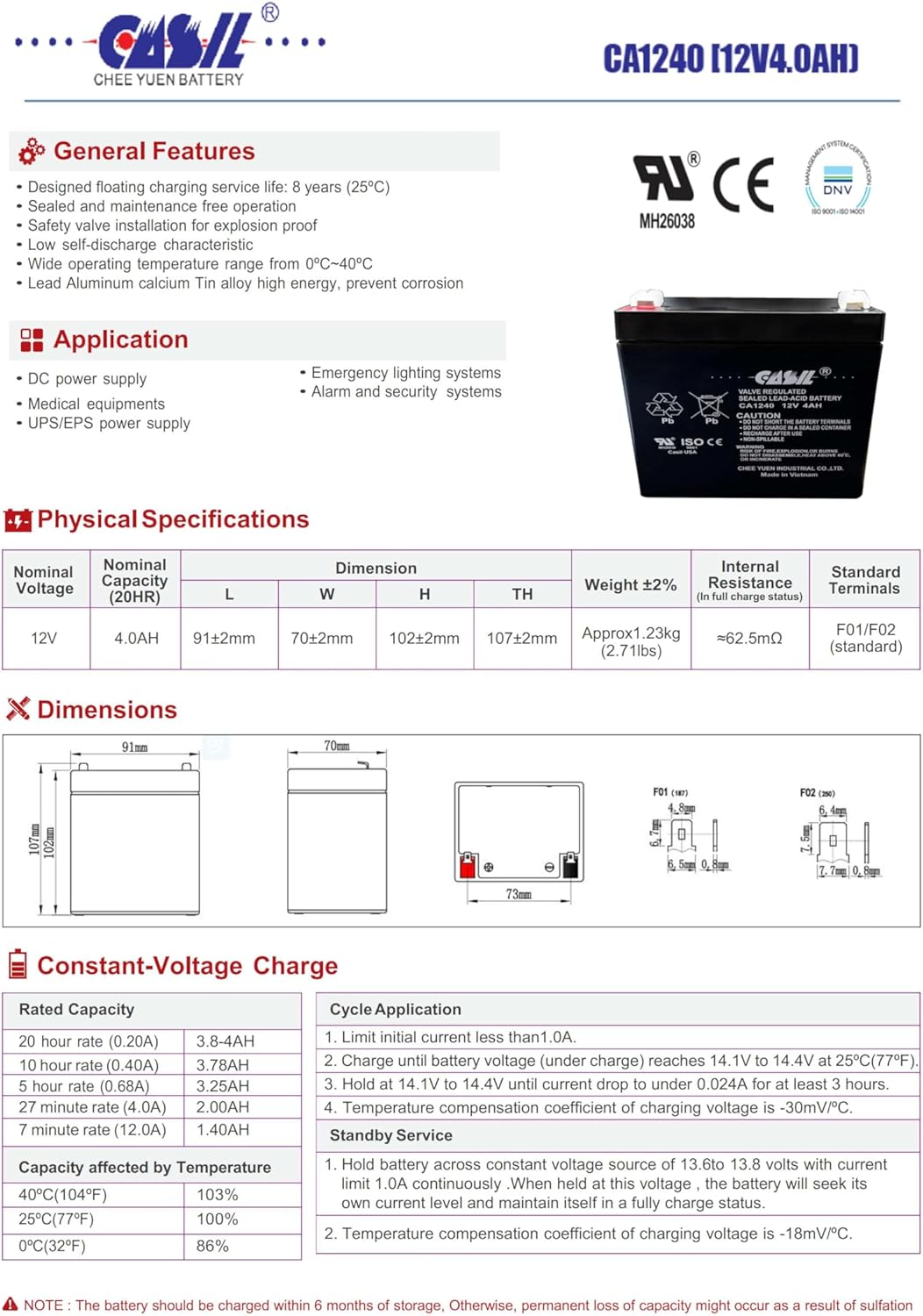 Casil Genuine CA1240 12V 4Ah SLA Alarm Battery (2) Year Warranty