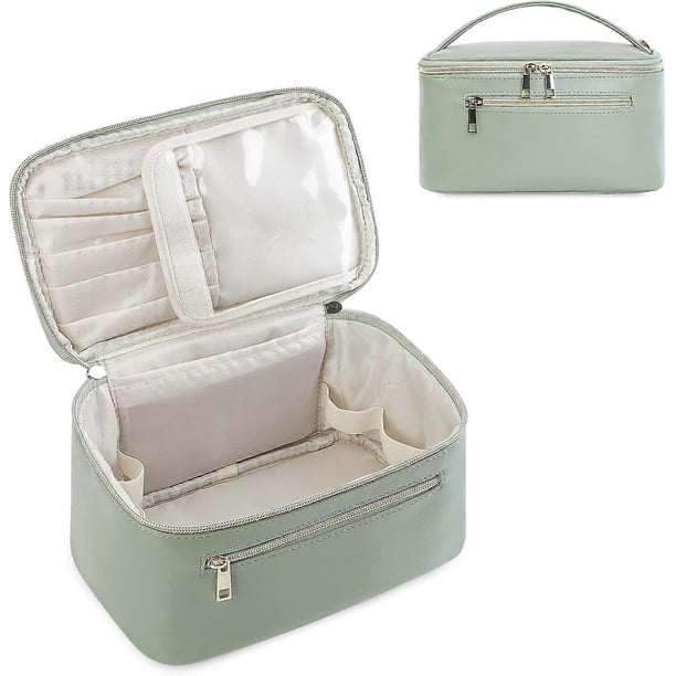 Green Makeup Bag, Travel Make Up Bag Water-Resistant Organizer Cosmetic Bags Portable Storage Brush Pouch in Eco Vegan Leather for Women