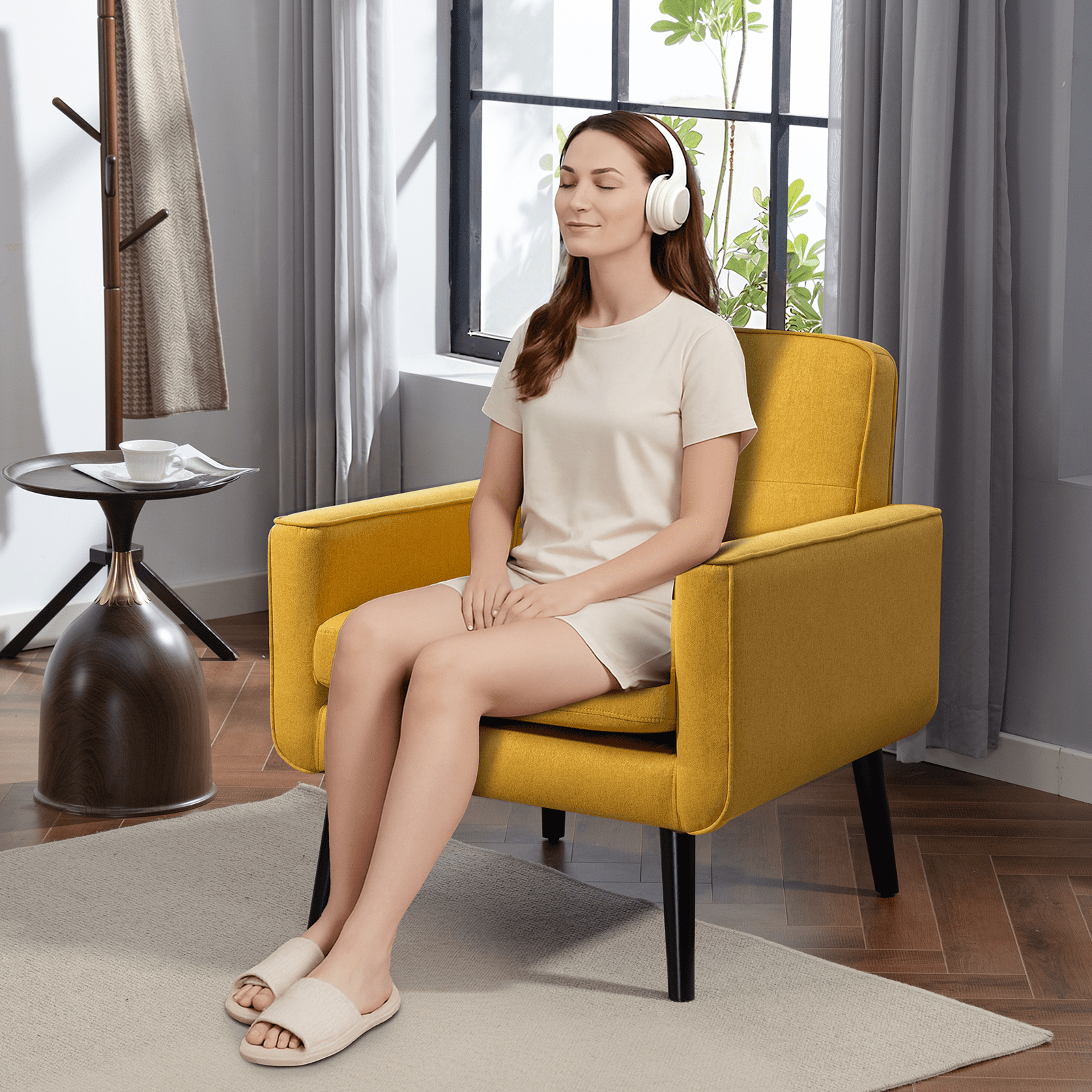 Mid-Century Modern Accent Chairs Set of 2 Upholstered Fabric Armchairs with Button Tufted Back and Solid Wood Legs, Cozy Side Chairs for Living Room, Bedroom, Office, or Cafe (Yellow)