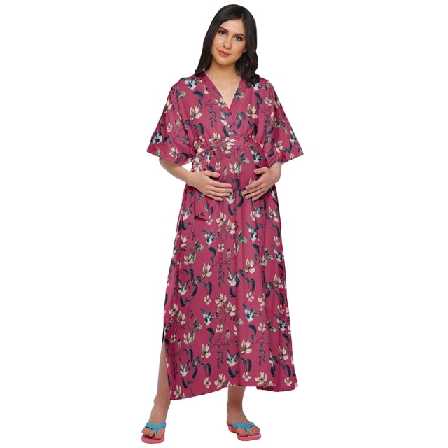 Moomaya Robe Maxi Kaftan de Maternité Longue pour Femmes à Manches Kimono Boutonnée