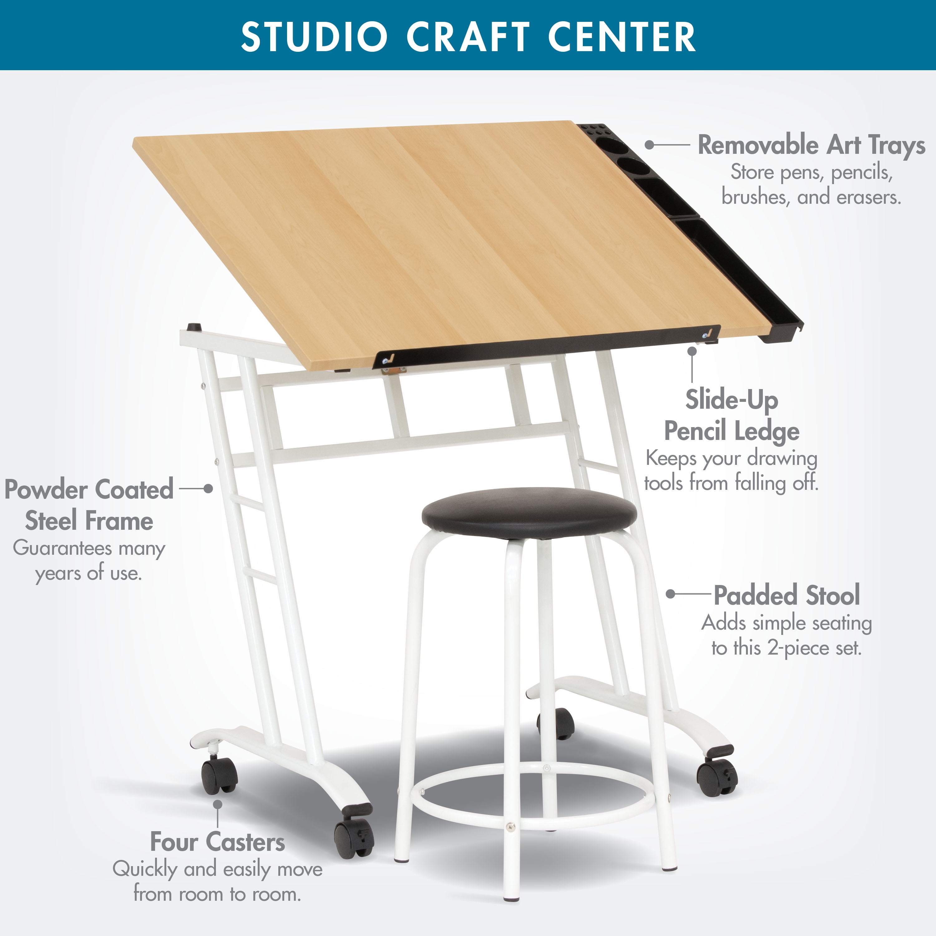Studio Designs Studio Craft Rolling Drawing Drafting Craft Table with Stool Set, White/ Maple