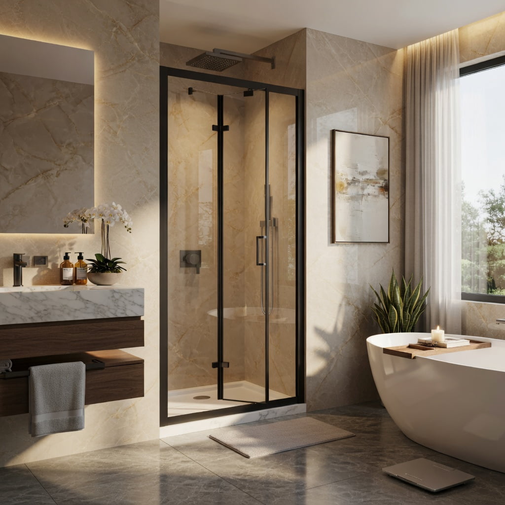 Hommoo Framed Bi-Fold Pivot Shower Door, Space-Saving Folding Enclosure with 6mm Tempered Glass, Stainless Steel Handle & Reversible Installation, Black & Transparent