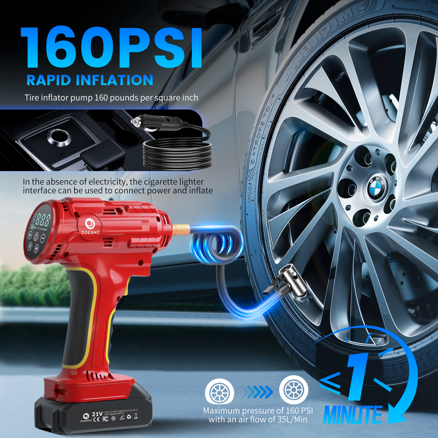 ODEGNC 10000mAh 21V 160PSI Cordless Tire Inflator Dual-Power For Car Bike Ball Portable Air Compressor LED Light