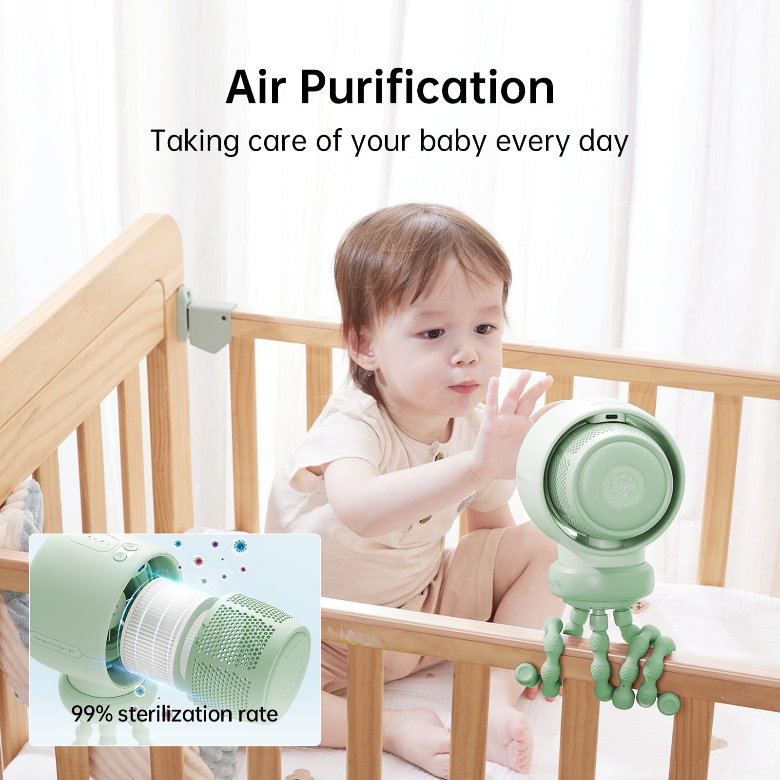 JISULIFE Baby Stroller Fan Portable, Small Battery Operated Fan, Car Seat Fan with 5 Speeds, Air Purify and Air Enhance Tech, Bladeless, Food-Grade Gifts Fan for Outdoor, Treadmill, Golf