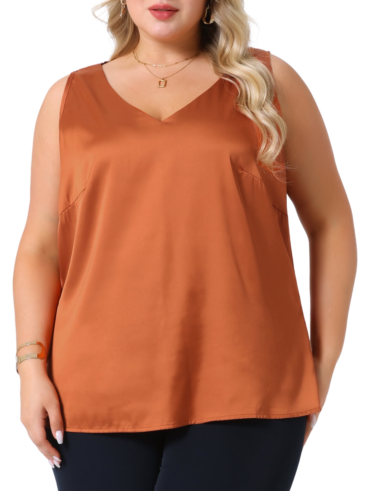 DARING DIVA Women's Plus Casual Silk Satin Tank Top V Neck Cami Blouse 2X Caramel