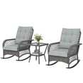 thumbnail image 1 of 3 Piece Wicker Patio Bistro Set, Light Grey Outdoor Rocking Chairs with High Back Cushions and 2-Tier Glass Coffee Table for Garden, Porch, Balcony or Backyard Relaxation, 1 of 7