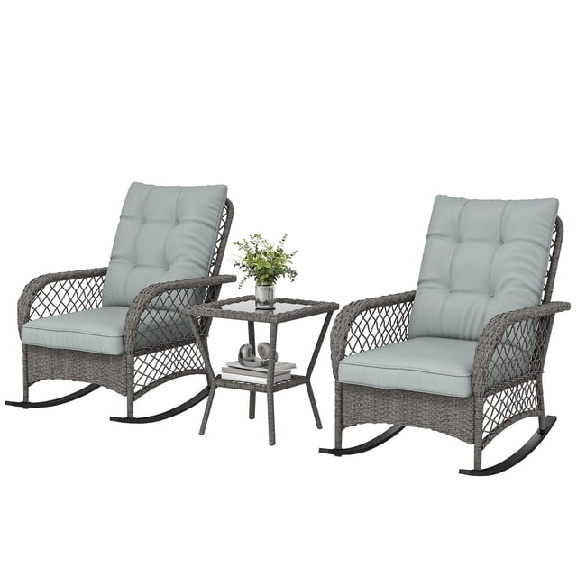 3 Piece Wicker Patio Bistro Set, Light Grey Outdoor Rocking Chairs with High Back Cushions and 2-Tier Glass Coffee Table for Garden, Porch, Balcony or Backyard Relaxation