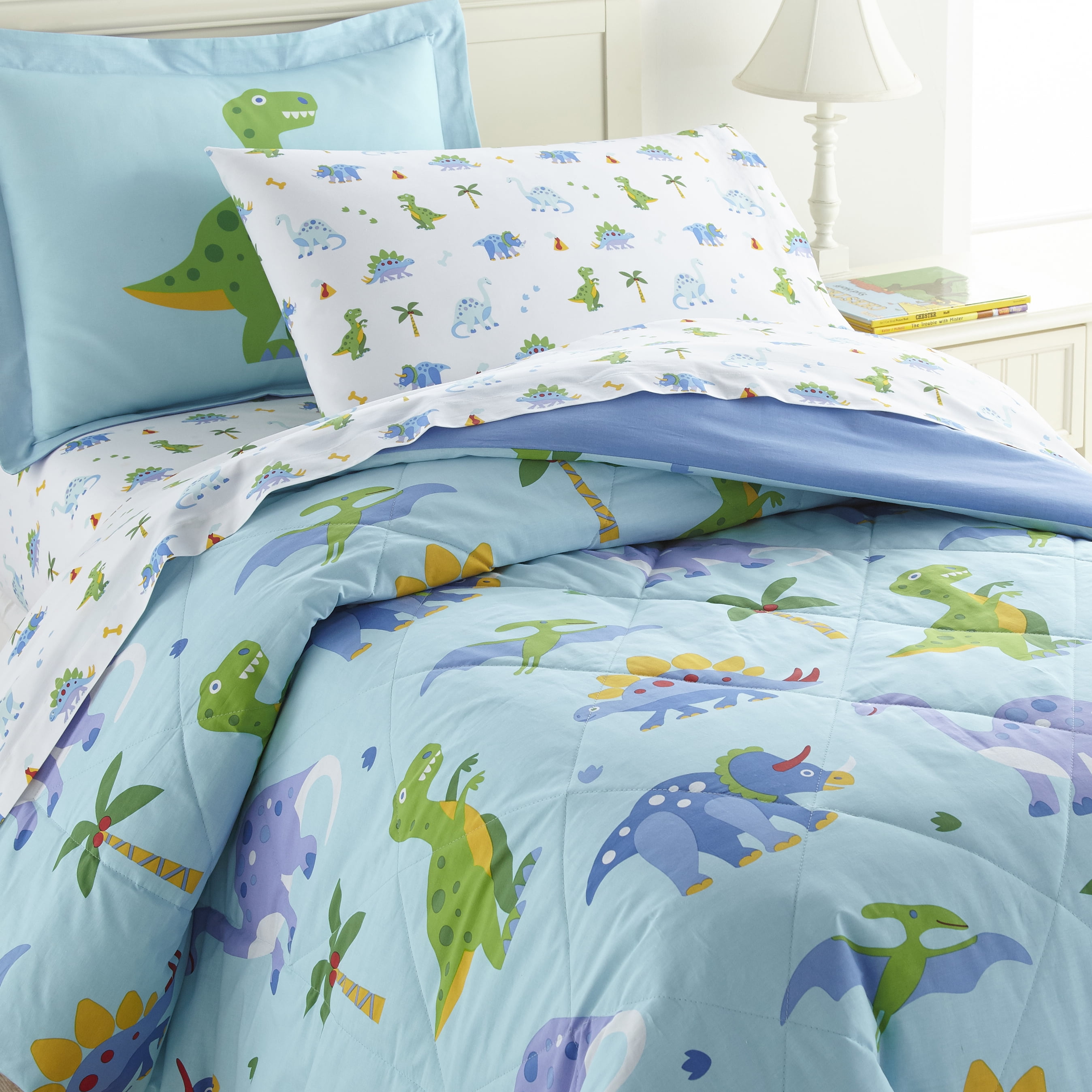 Linen Plus Twin Size 2pc Bedspread Set for Kids Dinosaur White Orange Blue Red New