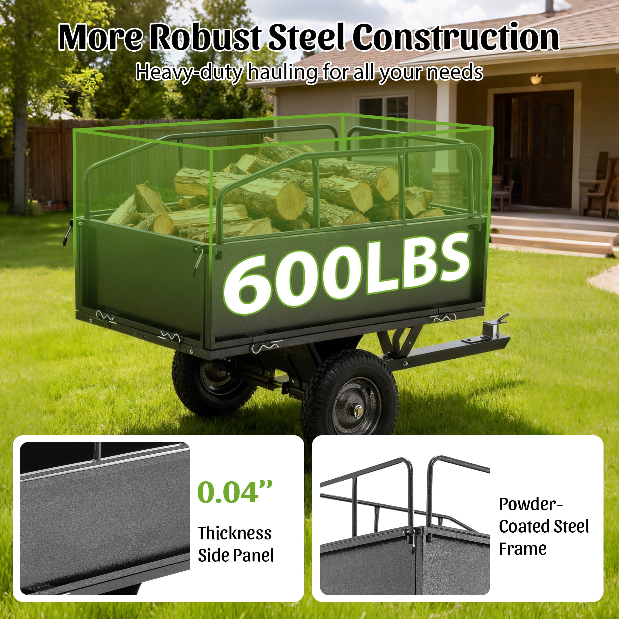 600LBS Heavy Duty Steel Dump Cart Trailer, 17 Cu.Ft. Tow Behind Hauling & Dumping Wagon for ATV, Lawn Tractor and Garden with 16" Tires